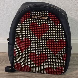 Betsey Johnson Black and Red Heart Studded Backpack